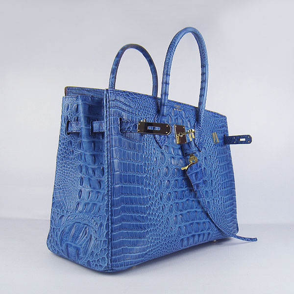 High Quality Fake Hermes Birkin 35CM Crocodile Head Veins Leather Bag Dark Blue 6089